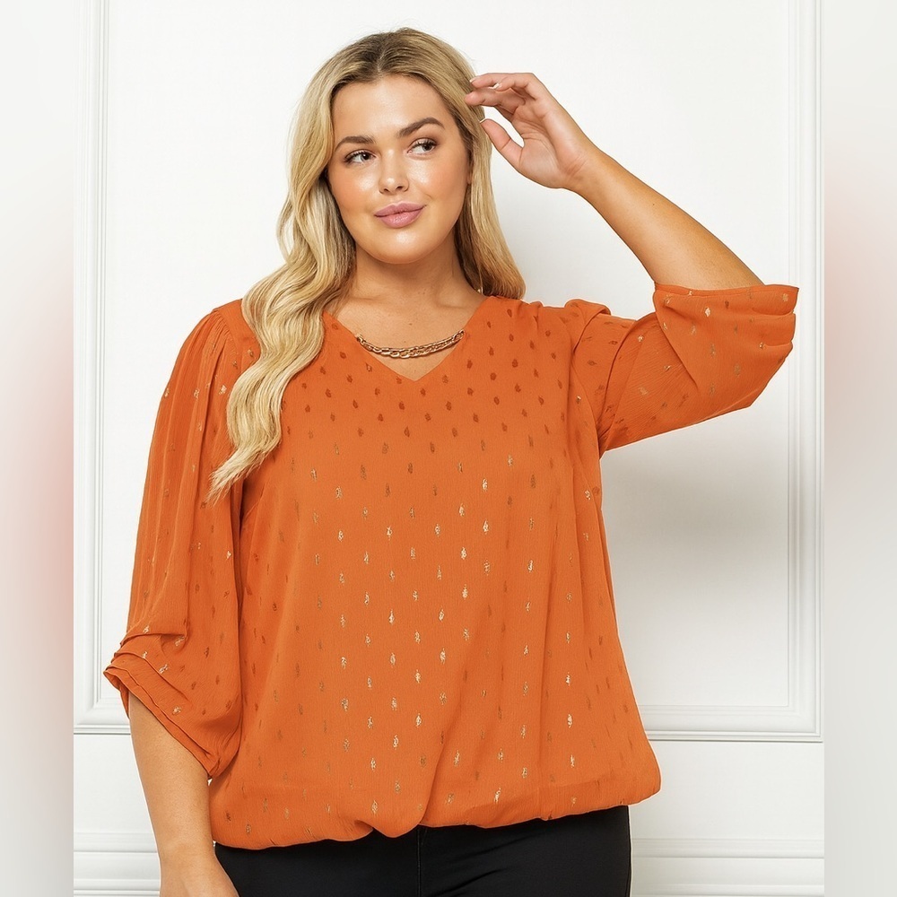 Sara Michelle NWOT SIZE 3X Orange Bubble Hem Blouse with Gold Details - Picture 6 of 8